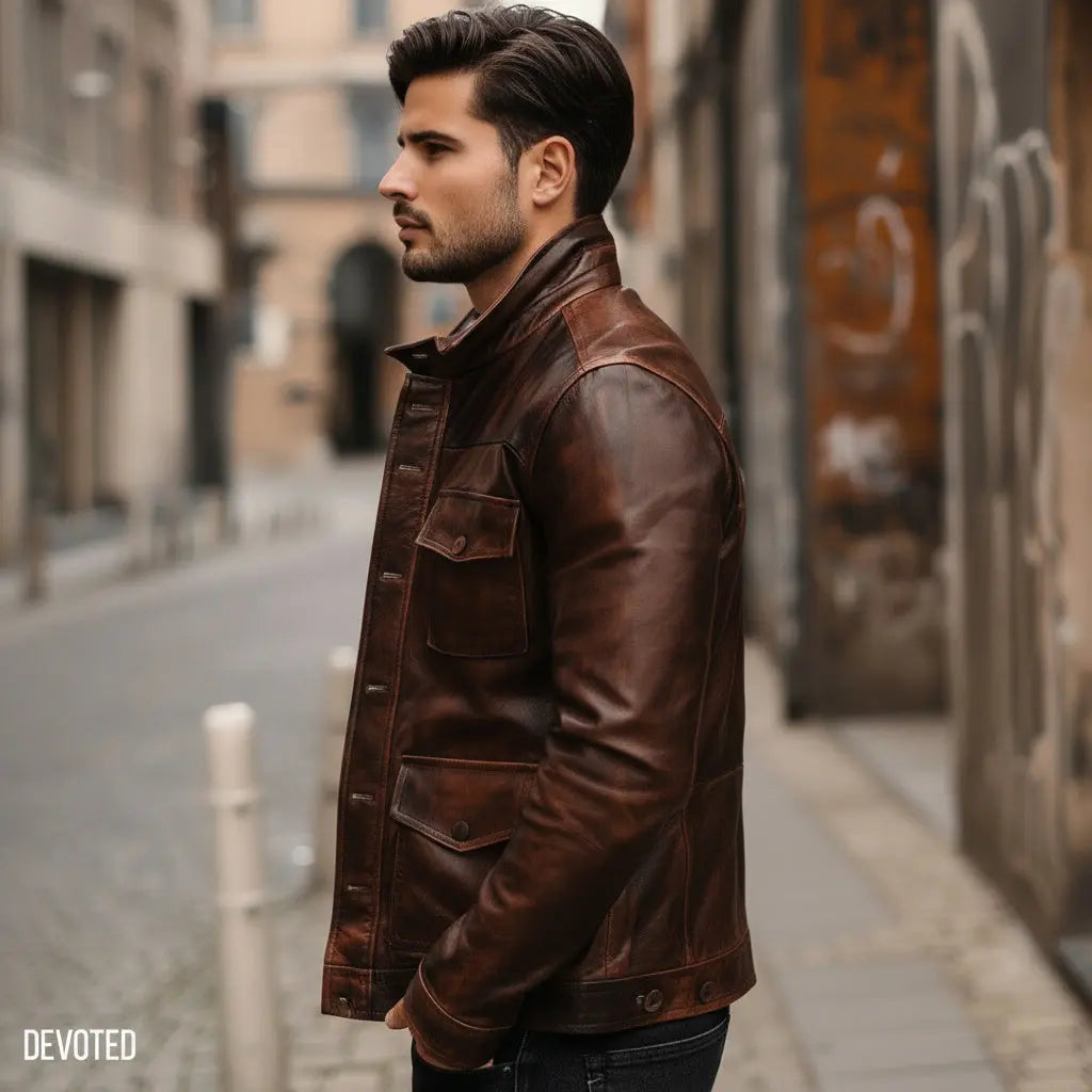 Men's Premium Brown Faux Leather Jacket | Classic Button Front Casual Biker Jacket with Multiple Pockets | Regular Fit