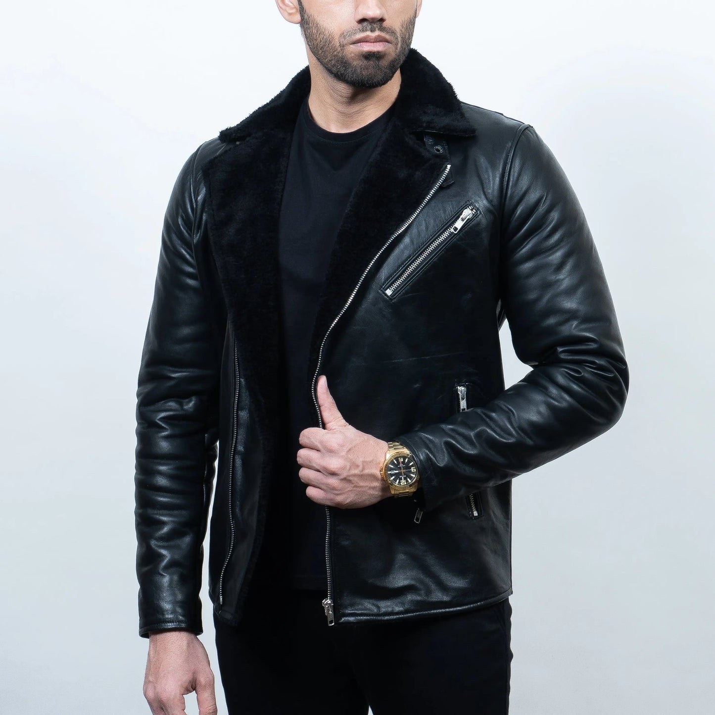 Men's Premium Black Faux Leather Biker Jacket | Faux Fur Collar Asymmetrical Zip Motorcycle Jacket | Winter Casual Leather Jacket | Regular Fit