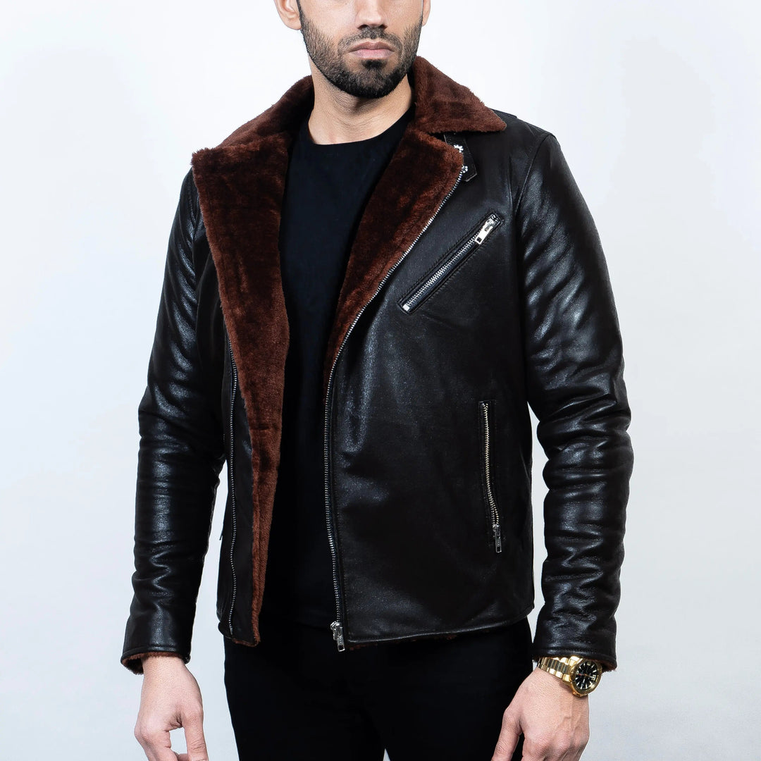 Men's Premium Black Faux Leather Biker Jacket | Brown Faux Fur Collar & Inner Lining | Asymmetrical Zip Motorcycle Winter Jacket | Regular Fit