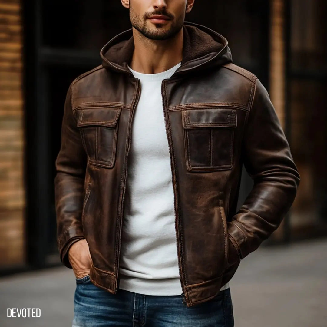 Men's Premium Dark Brown Faux Leather Hooded Jacket | Zip-Up Casual Motorcycle Jacket | Multi-Pocket Winter Jacket | Regular Fit