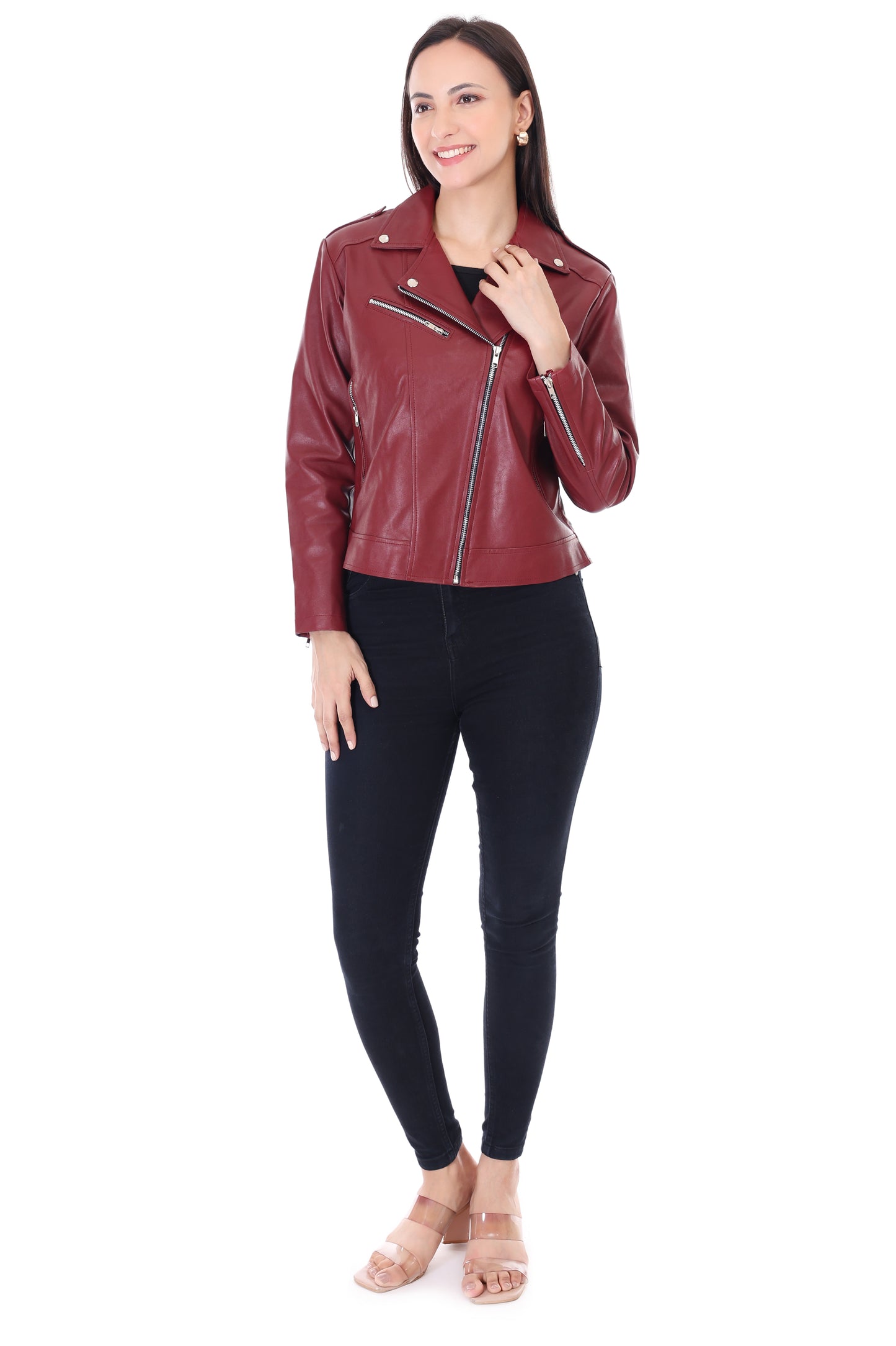 Women's Maroon Biker Jacket - Sleek & Stylish