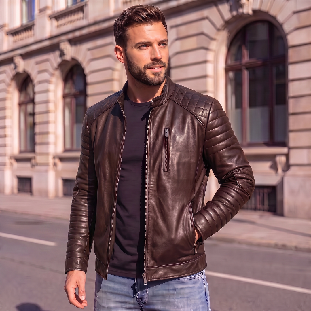 Men's Premium Chocolate Brown Faux Leather Biker Jacket | Stand Collar Zip-Up Motorcycle Jacket | Quilted Shoulder Casual Winter Jacket | Regular Fit