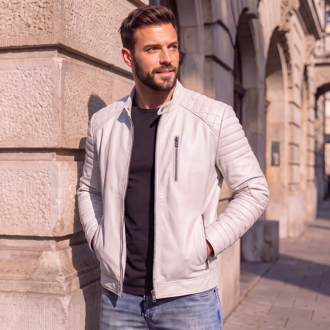 Men's Premium White Faux Leather Biker Jacket | Stand Collar Zip-Up Motorcycle Jacket | Quilted Shoulder Casual Winter Jacket | Regular Fit