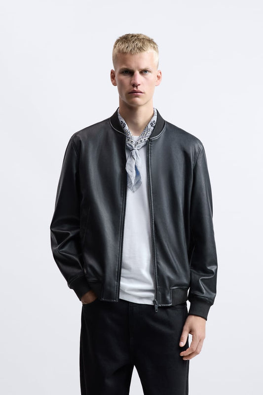 Black Signature Faux Leather Bomber Jacket