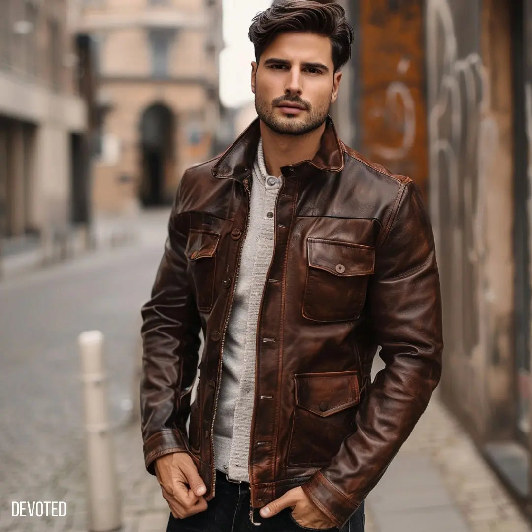 Men's Premium Brown Faux Leather Jacket | Classic Button Front Casual Biker Jacket with Multiple Pockets | Regular Fit