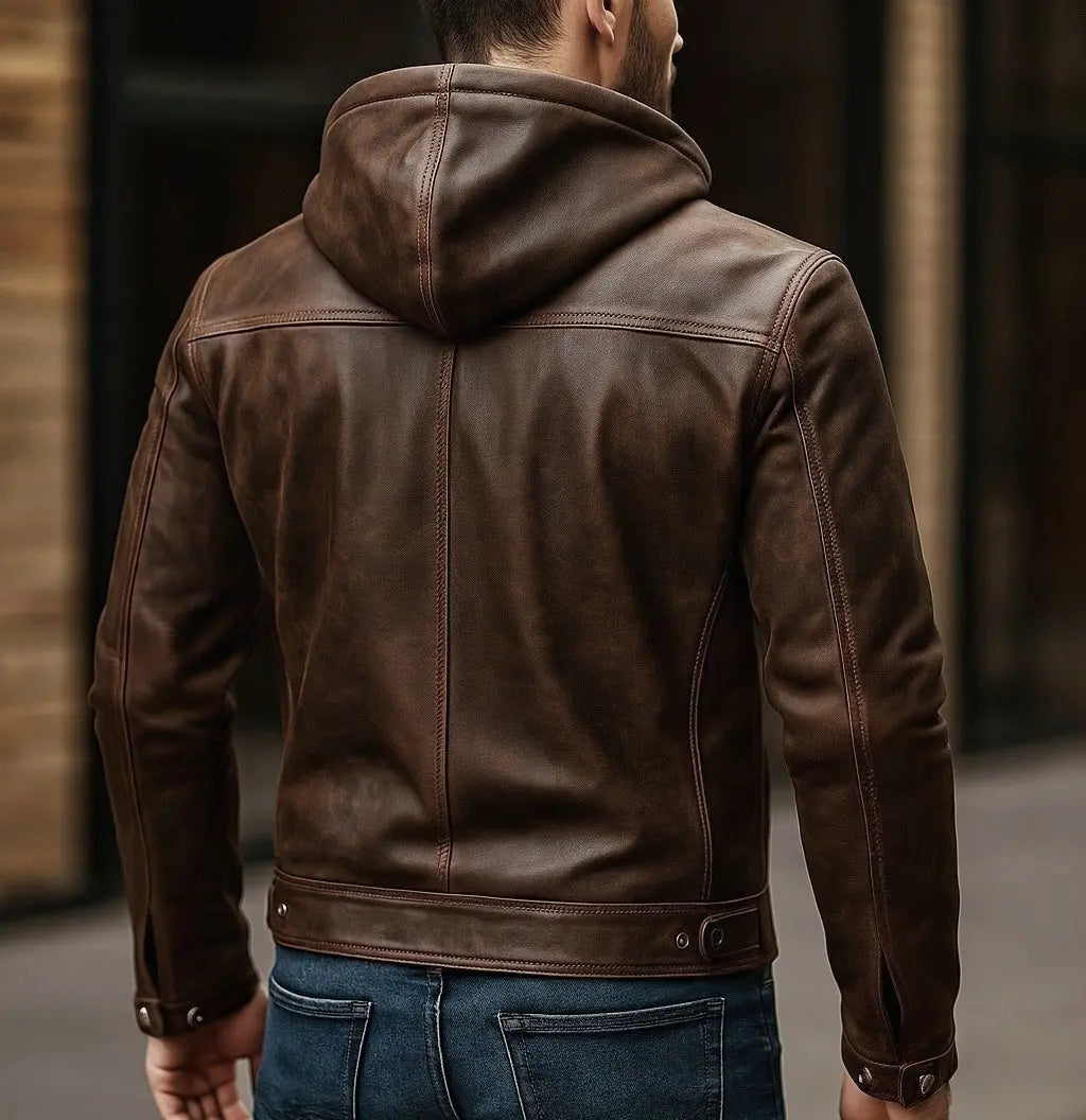 Men's Premium Dark Brown Faux Leather Hooded Jacket | Zip-Up Casual Motorcycle Jacket | Multi-Pocket Winter Jacket | Regular Fit