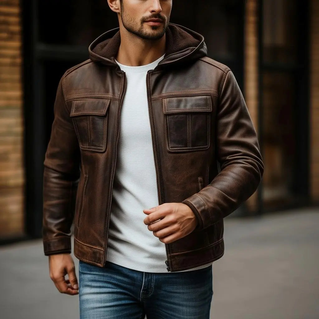 Men's Premium Dark Brown Faux Leather Hooded Jacket | Zip-Up Casual Motorcycle Jacket | Multi-Pocket Winter Jacket | Regular Fit