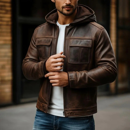 Men's Premium Dark Brown Faux Leather Hooded Jacket | Zip-Up Casual Motorcycle Jacket | Multi-Pocket Winter Jacket | Regular Fit