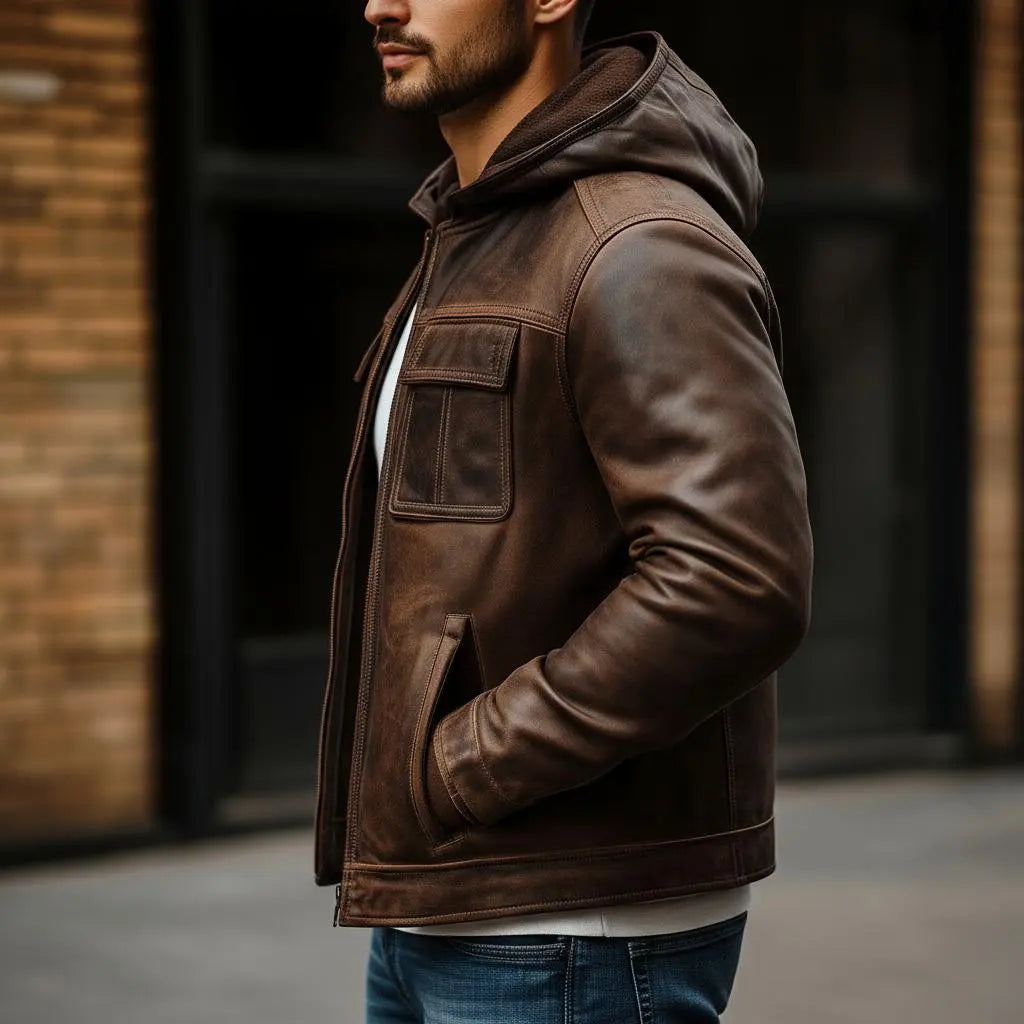 Men's Premium Dark Brown Faux Leather Hooded Jacket | Zip-Up Casual Motorcycle Jacket | Multi-Pocket Winter Jacket | Regular Fit