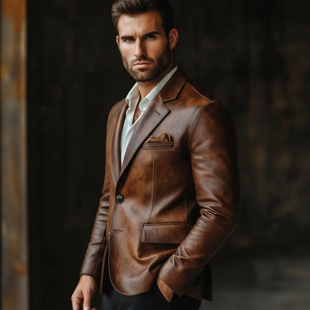 Men's Premium Brown Faux Leather Blazer | Single-Breasted Formal Leather Coat | Smart Casual Office Party Jacket | Regular Fit
