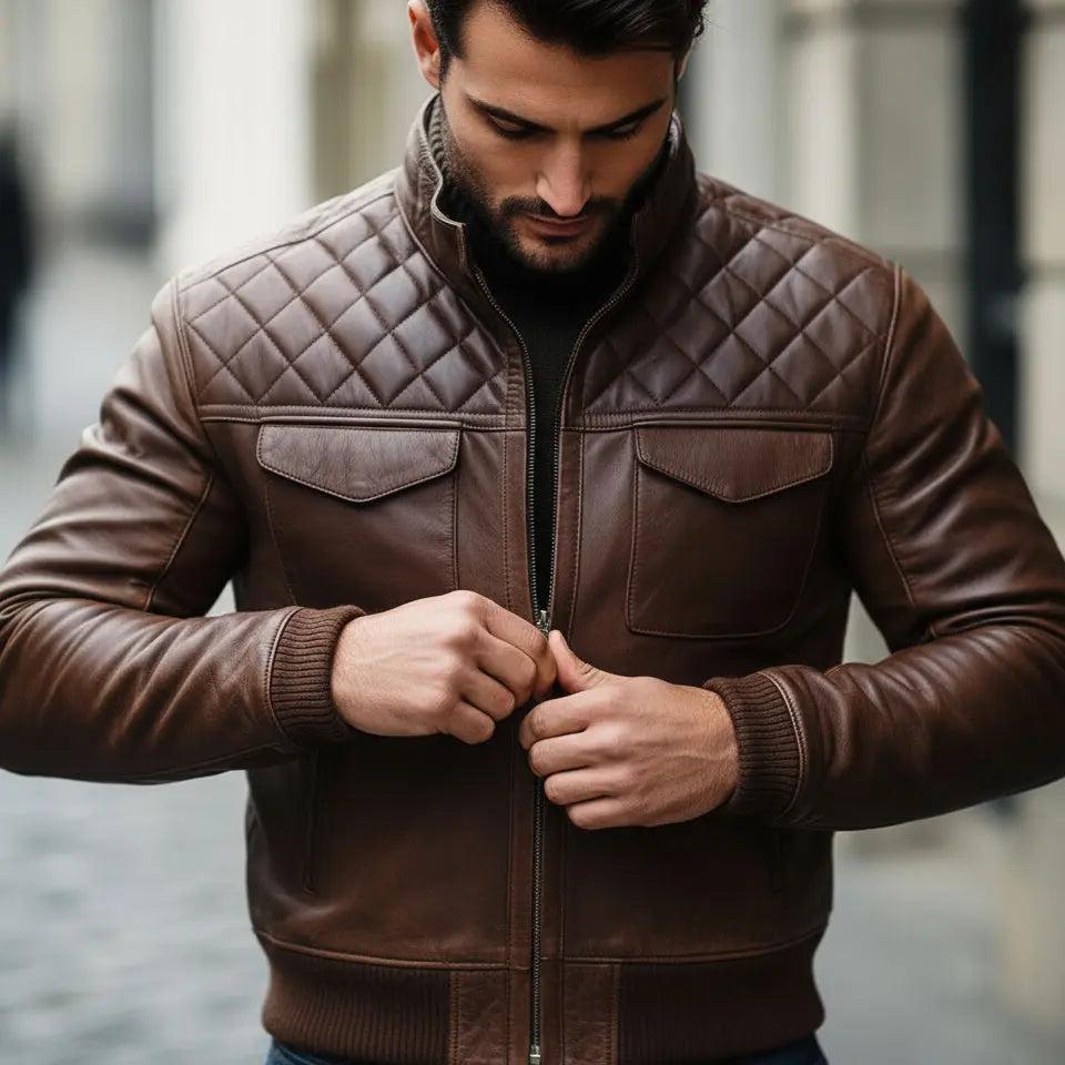 Men's Premium Brown Faux Leather Bomber Jacket | Quilted Shoulder Zip-Up Winter Jacket | Stand Collar Casual Motorcycle Jacket | Regular Fit