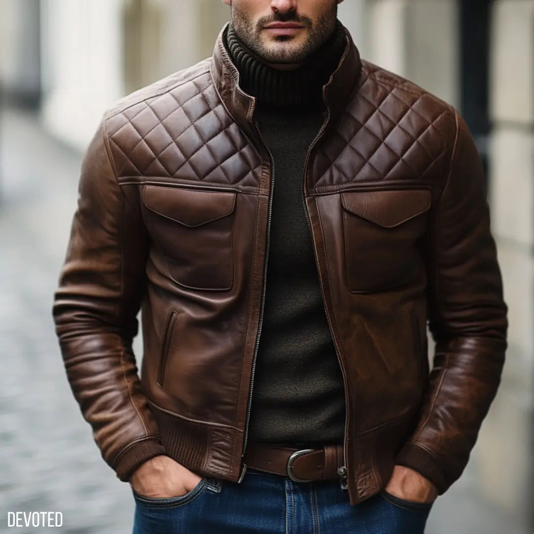 Men's Premium Brown Faux Leather Bomber Jacket | Quilted Shoulder Zip-Up Winter Jacket | Stand Collar Casual Motorcycle Jacket | Regular Fit