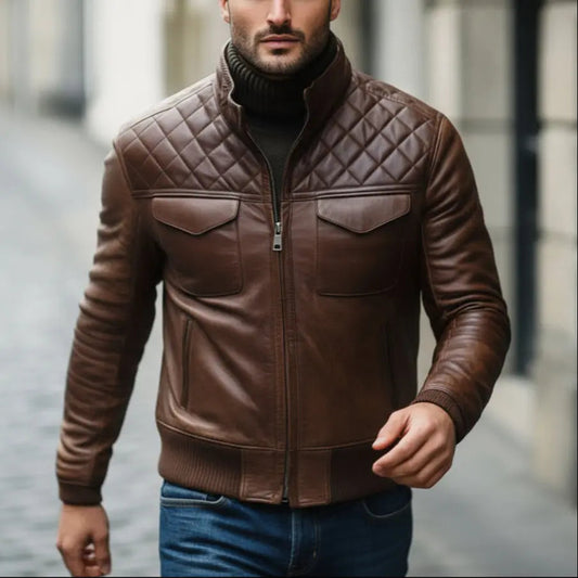 Men's Premium Brown Faux Leather Bomber Jacket | Quilted Shoulder Zip-Up Winter Jacket | Stand Collar Casual Motorcycle Jacket | Regular Fit