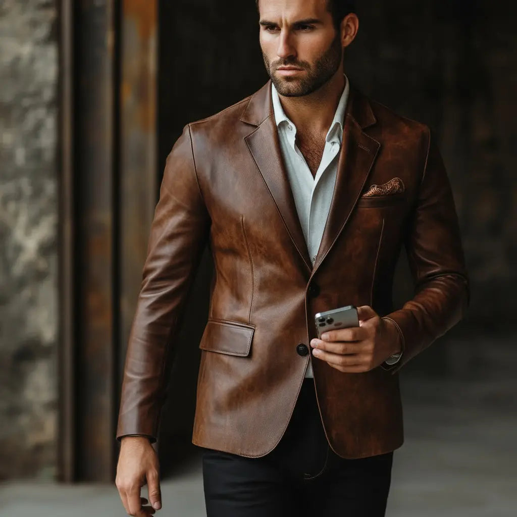 Men's Premium Brown Faux Leather Blazer | Single-Breasted Formal Leather Coat | Smart Casual Office Party Jacket | Regular Fit