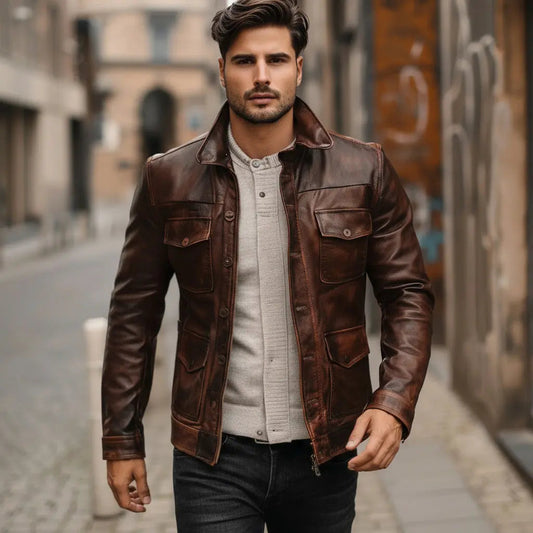 Men's Premium Brown Faux Leather Jacket | Classic Button Front Casual Biker Jacket with Multiple Pockets | Regular Fit