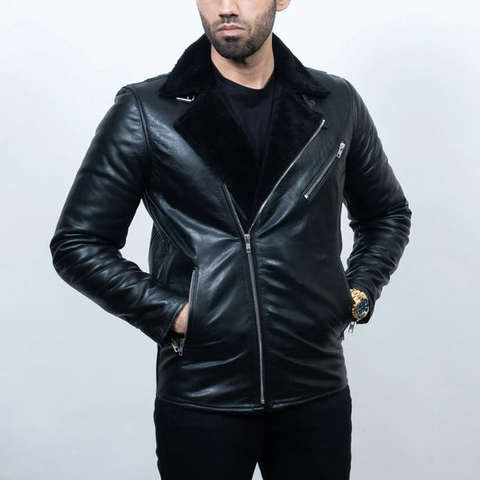Men's Premium Black Faux Leather Biker Jacket | Faux Fur Collar Asymmetrical Zip Motorcycle Jacket | Winter Casual Leather Jacket | Regular Fit