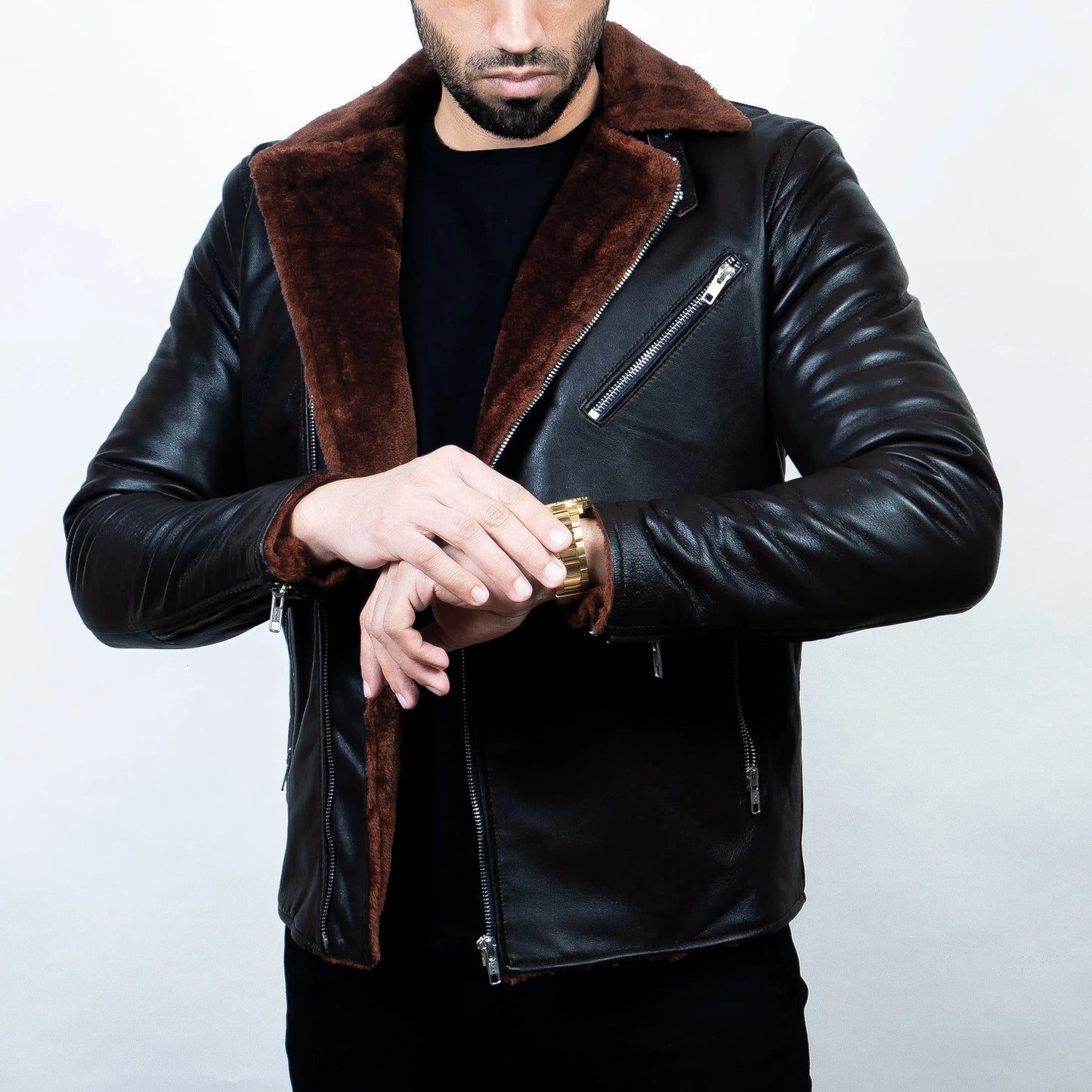 Men's Premium Black Faux Leather Biker Jacket | Brown Faux Fur Collar & Inner Lining | Asymmetrical Zip Motorcycle Winter Jacket | Regular Fit