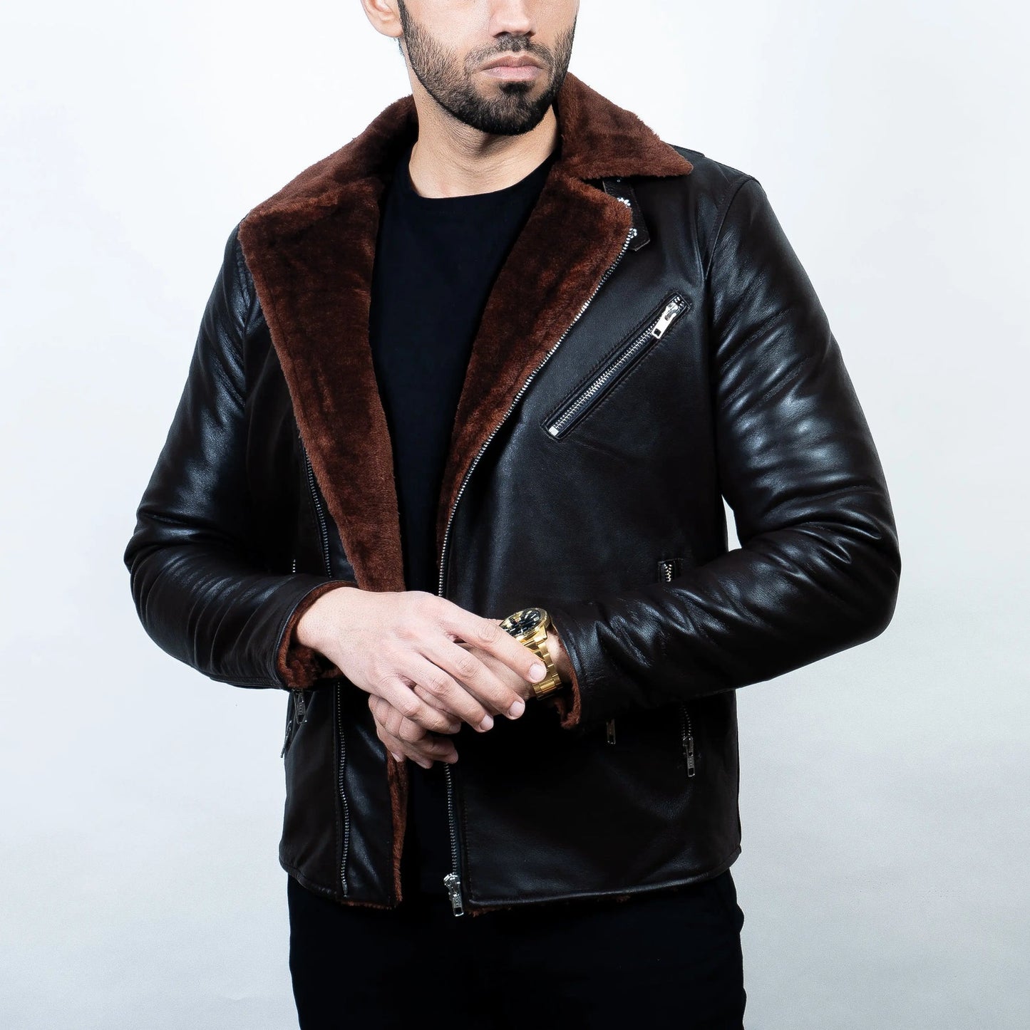 Men's Premium Black Faux Leather Biker Jacket | Brown Faux Fur Collar & Inner Lining | Asymmetrical Zip Motorcycle Winter Jacket | Regular Fit