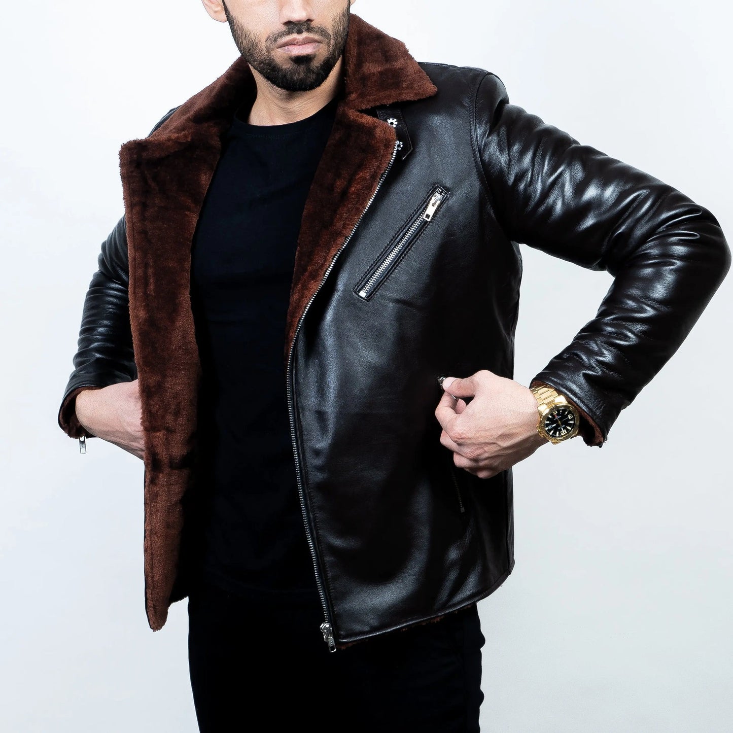 Men's Premium Black Faux Leather Biker Jacket | Brown Faux Fur Collar & Inner Lining | Asymmetrical Zip Motorcycle Winter Jacket | Regular Fit