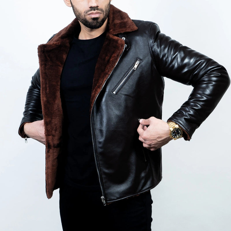 Men's Premium Black Faux Leather Biker Jacket | Brown Faux Fur Collar & Inner Lining | Asymmetrical Zip Motorcycle Winter Jacket | Regular Fit