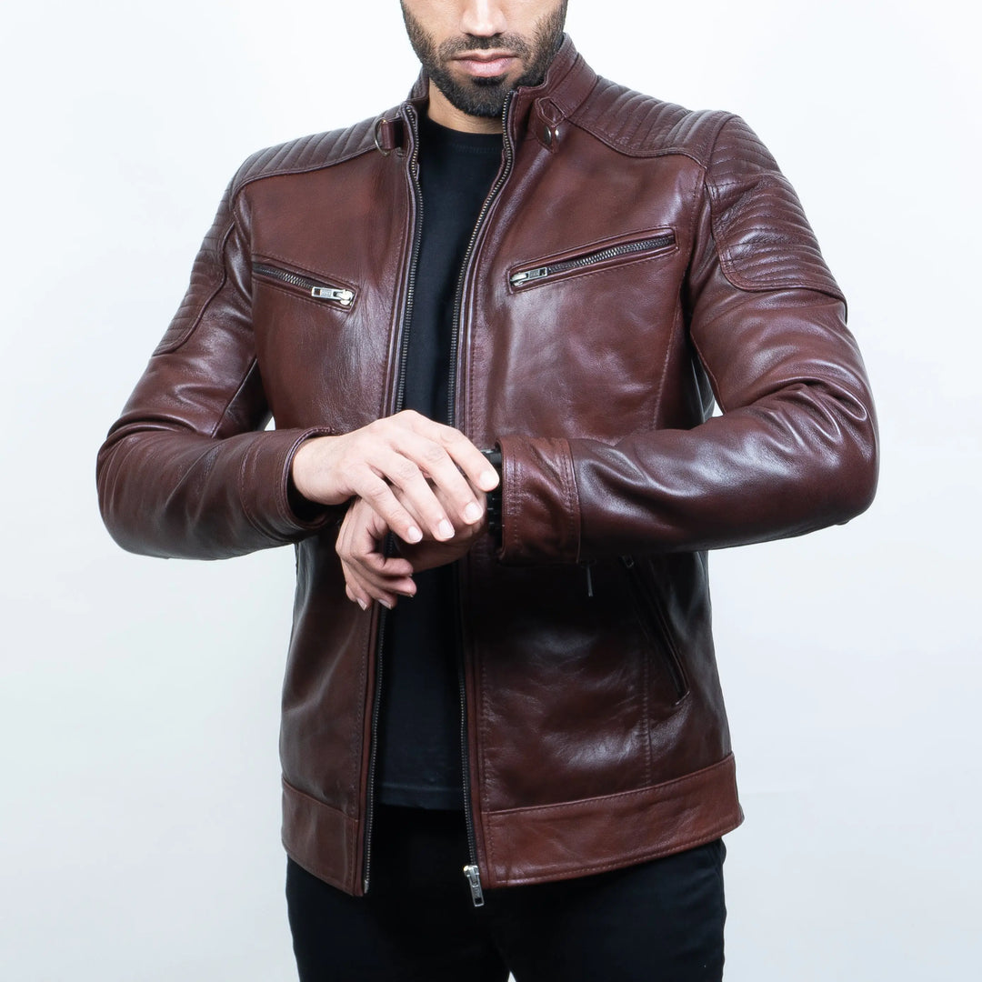 Men's Premium Dark Brown Faux Leather Biker Jacket | Stand Collar Zip-Up Motorcycle Jacket | Quilted Shoulder Casual Winter Jacket | Regular Fit