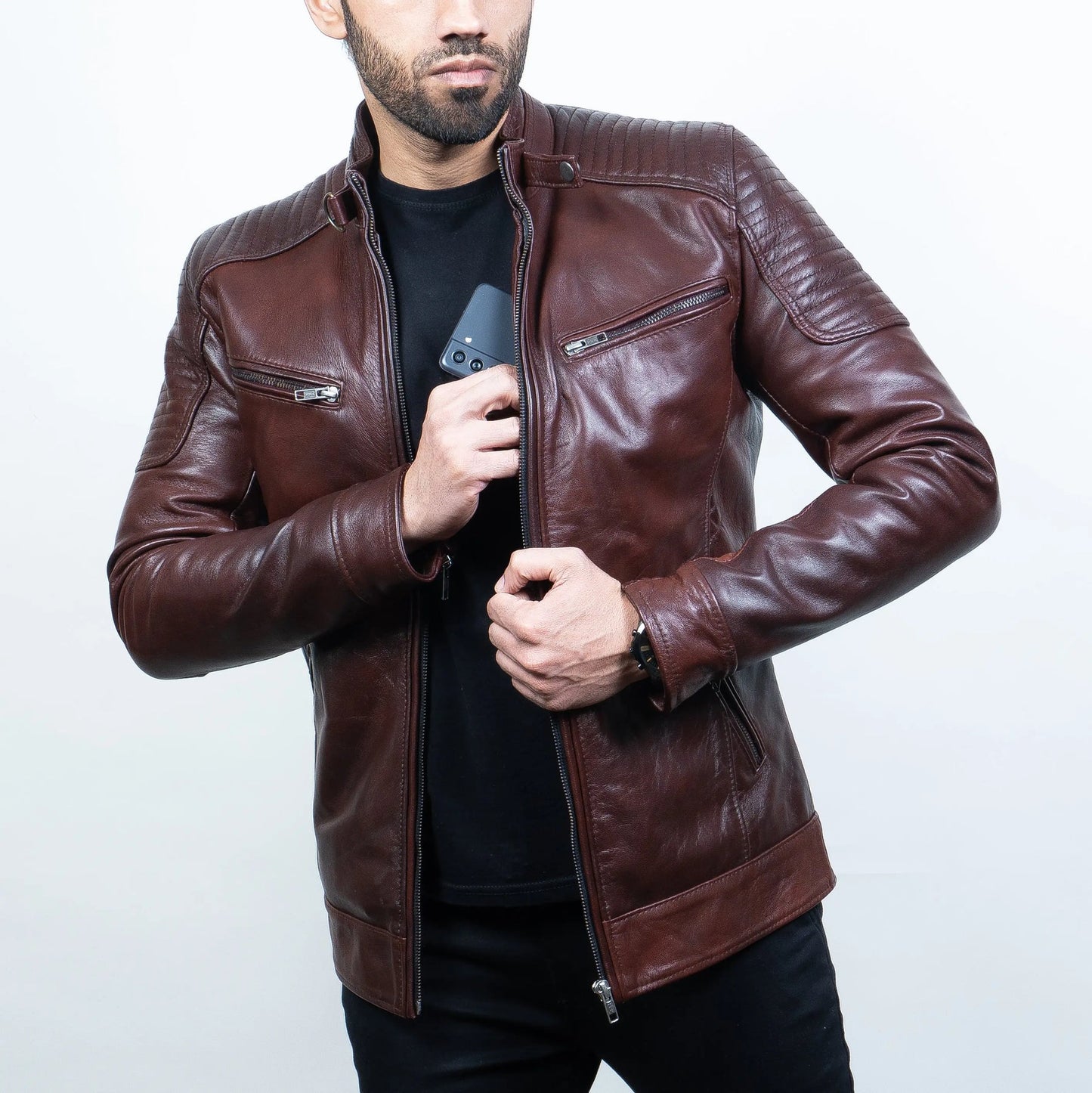 Men's Premium Dark Brown Faux Leather Biker Jacket | Stand Collar Zip-Up Motorcycle Jacket | Quilted Shoulder Casual Winter Jacket | Regular Fit