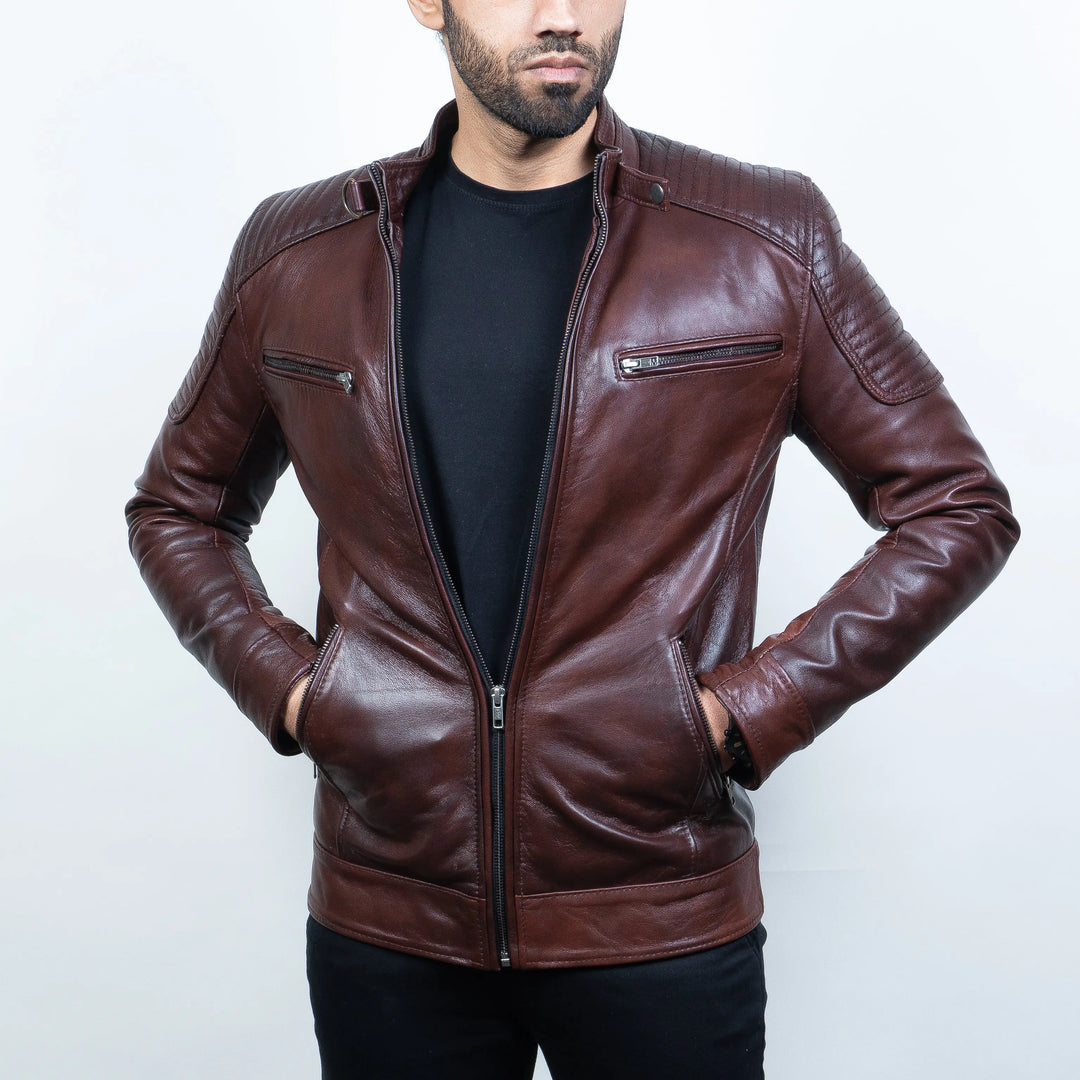 Men's Premium Dark Brown Faux Leather Biker Jacket | Stand Collar Zip-Up Motorcycle Jacket | Quilted Shoulder Casual Winter Jacket | Regular Fit
