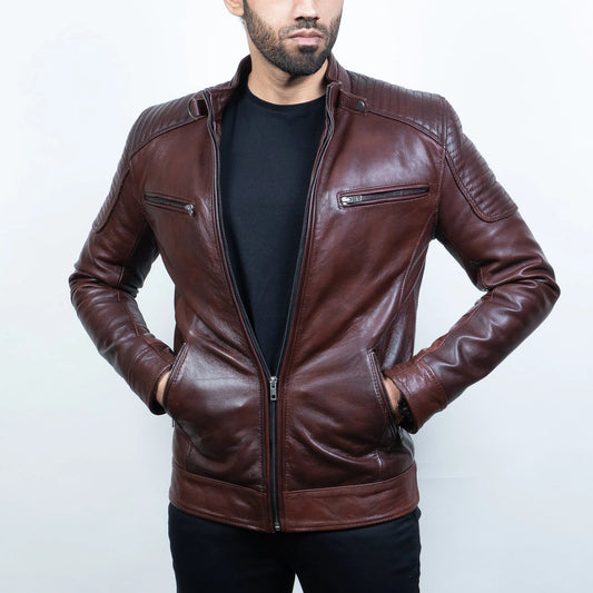 Men's Premium Dark Brown Faux Leather Biker Jacket | Stand Collar Zip-Up Motorcycle Jacket | Quilted Shoulder Casual Winter Jacket | Regular Fit