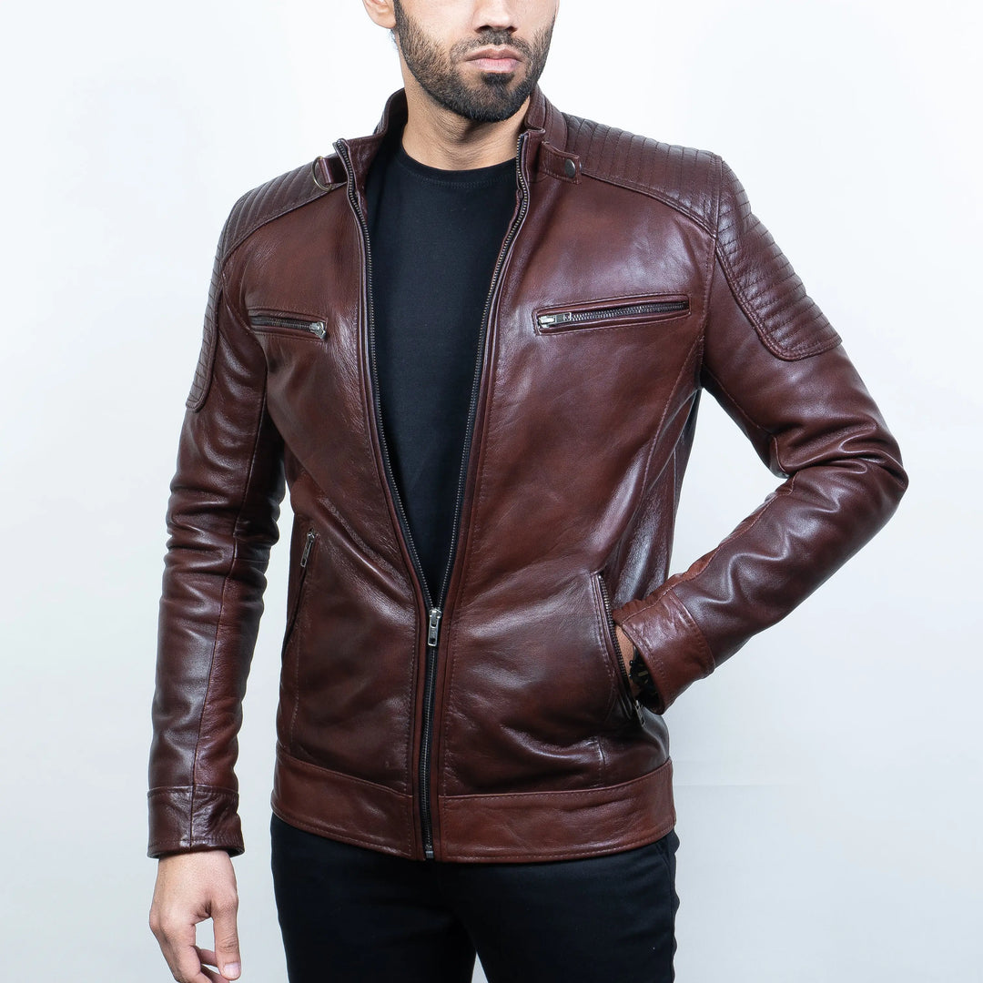 Men's Premium Dark Brown Faux Leather Biker Jacket | Stand Collar Zip-Up Motorcycle Jacket | Quilted Shoulder Casual Winter Jacket | Regular Fit