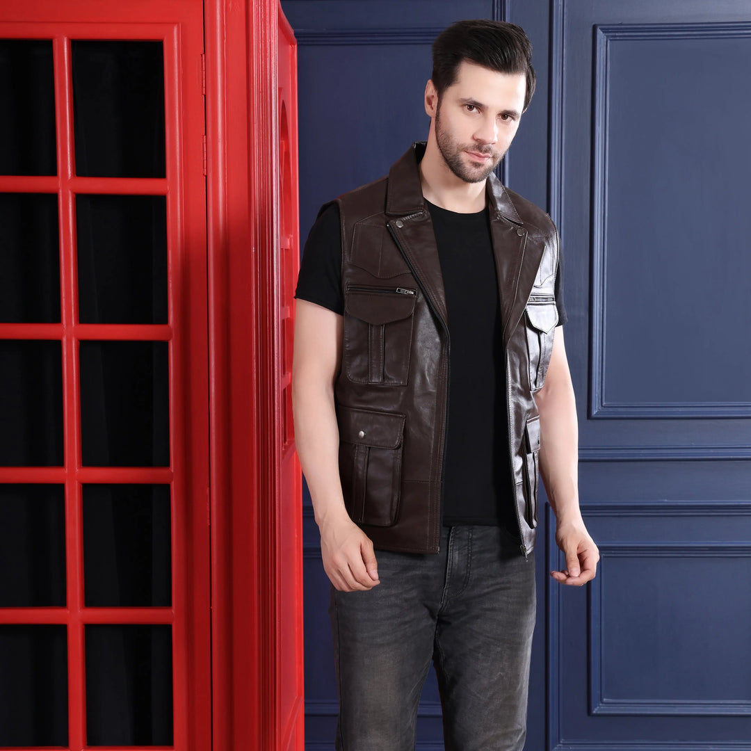 Men's Premium Brown Faux Leather Sleeveless Jacket | Multi-Pocket Zip Front Utility Biker Vest | Regular Fit Casual Outdoor Waistcoat