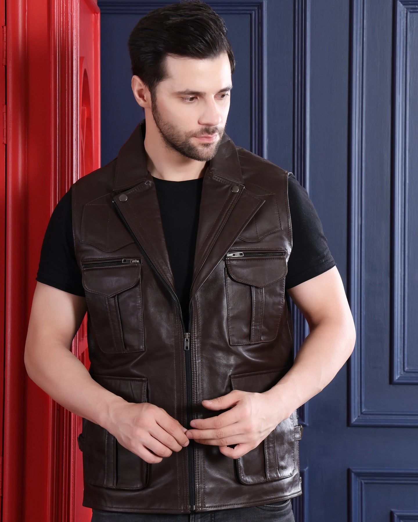 Men's Premium Brown Faux Leather Sleeveless Jacket | Multi-Pocket Zip Front Utility Biker Vest | Regular Fit Casual Outdoor Waistcoat