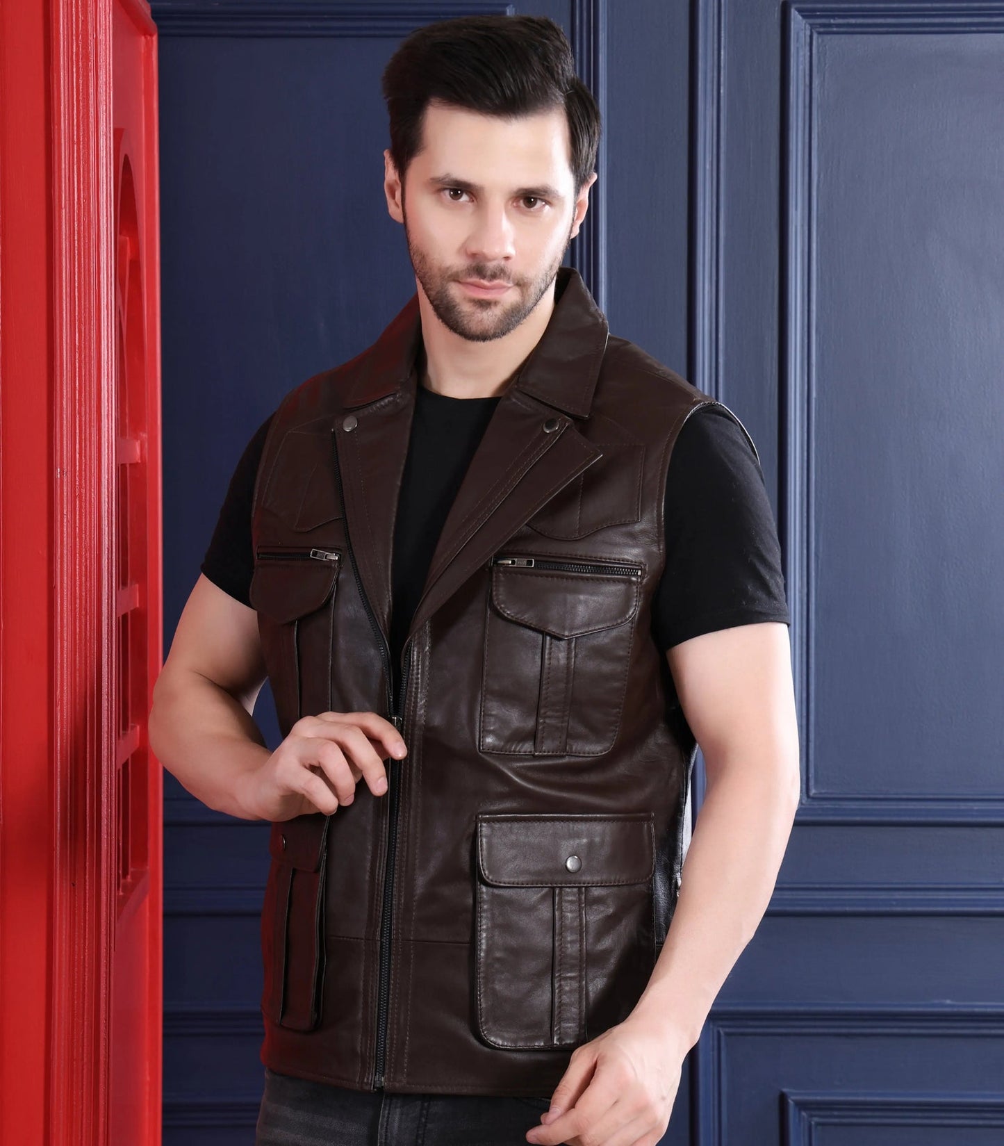 Men's Premium Brown Faux Leather Sleeveless Jacket | Multi-Pocket Zip Front Utility Biker Vest | Regular Fit Casual Outdoor Waistcoat