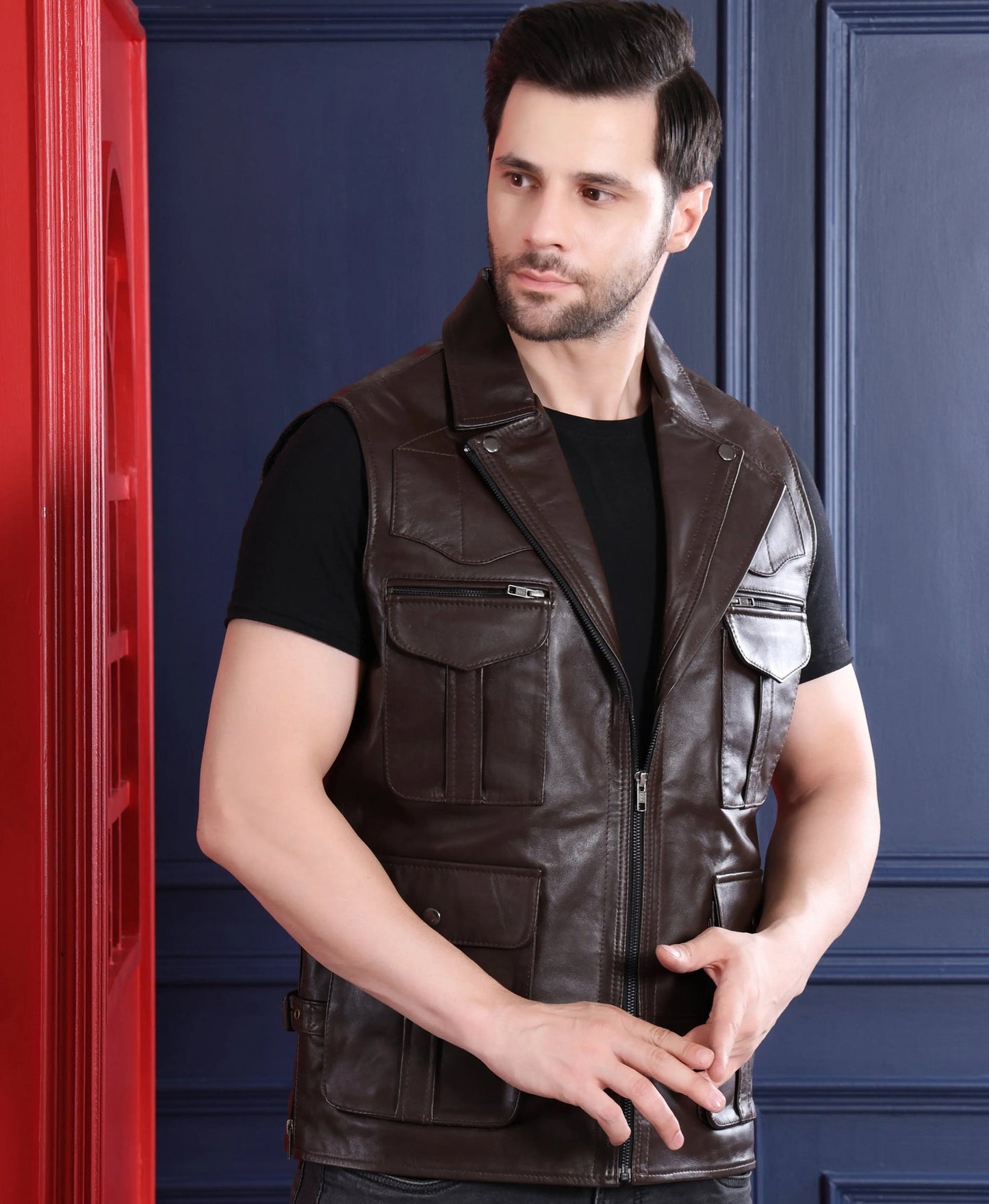 Men's Premium Brown Faux Leather Sleeveless Jacket | Multi-Pocket Zip Front Utility Biker Vest | Regular Fit Casual Outdoor Waistcoat