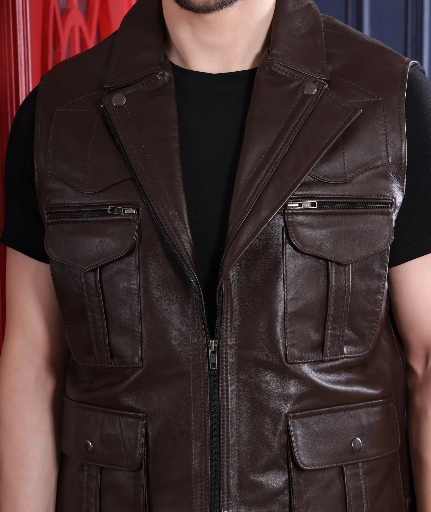 Men's Premium Brown Faux Leather Sleeveless Jacket | Multi-Pocket Zip Front Utility Biker Vest | Regular Fit Casual Outdoor Waistcoat