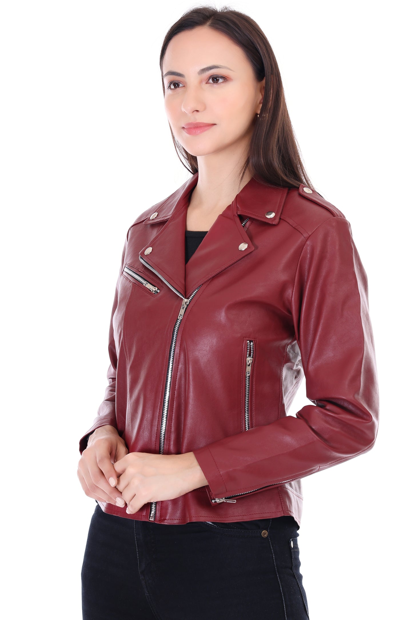 Women's Maroon Biker Jacket - Sleek & Stylish