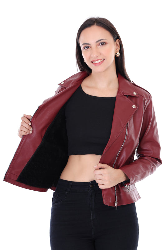 Women's Maroon Biker Jacket - Sleek & Stylish