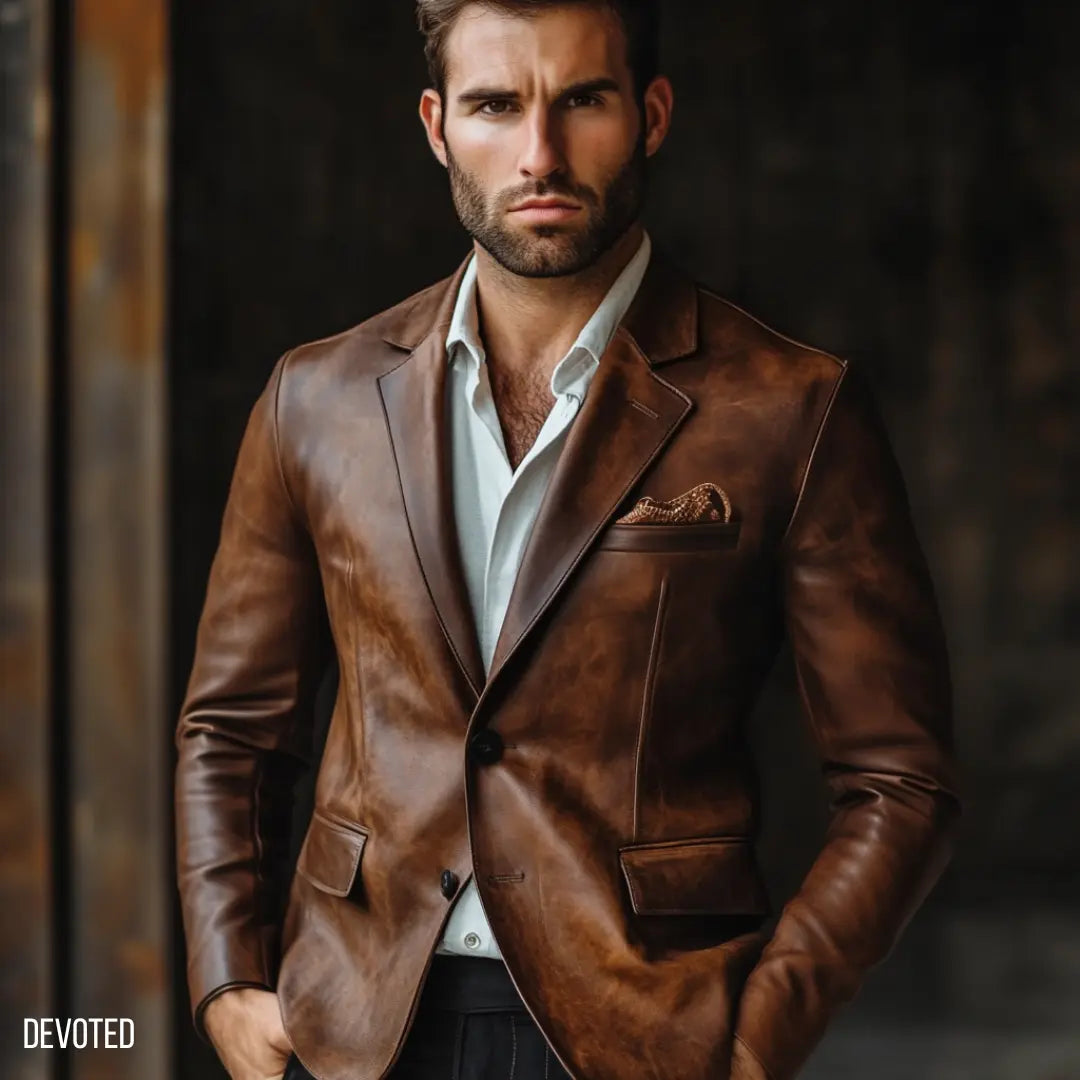 Men's Premium Brown Faux Leather Blazer | Single-Breasted Formal Leather Coat | Smart Casual Office Party Jacket | Regular Fit