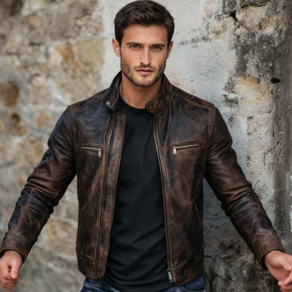 Men's Premium Vintage Dark Brown Faux Leather Biker Jacket | Stand Collar Zip-Up Motorcycle Jacket | Distressed Casual Winter Jacket | Regular Fit