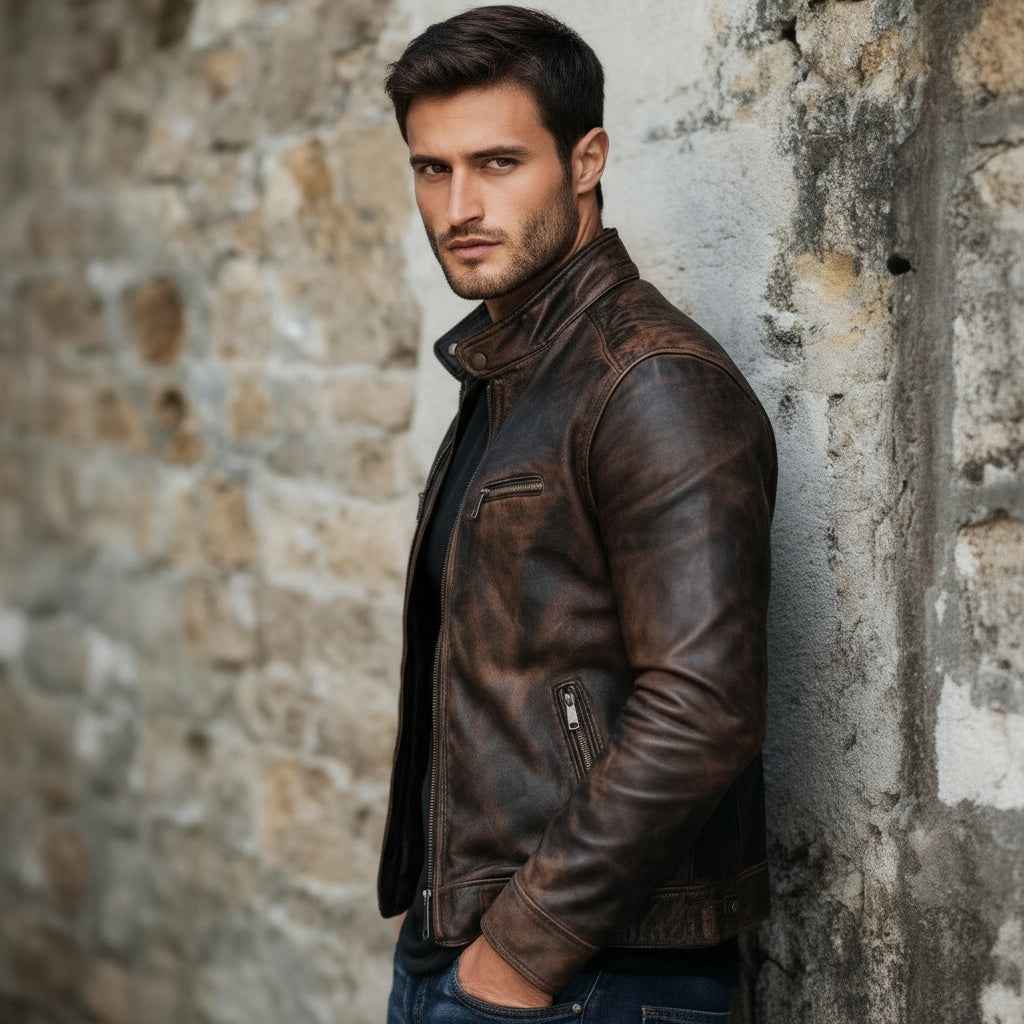 Men's Premium Vintage Dark Brown Faux Leather Biker Jacket | Stand Collar Zip-Up Motorcycle Jacket | Distressed Casual Winter Jacket | Regular Fit