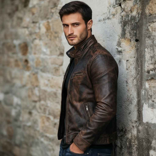 Men's Premium Vintage Dark Brown Faux Leather Biker Jacket | Stand Collar Zip-Up Motorcycle Jacket | Distressed Casual Winter Jacket | Regular Fit