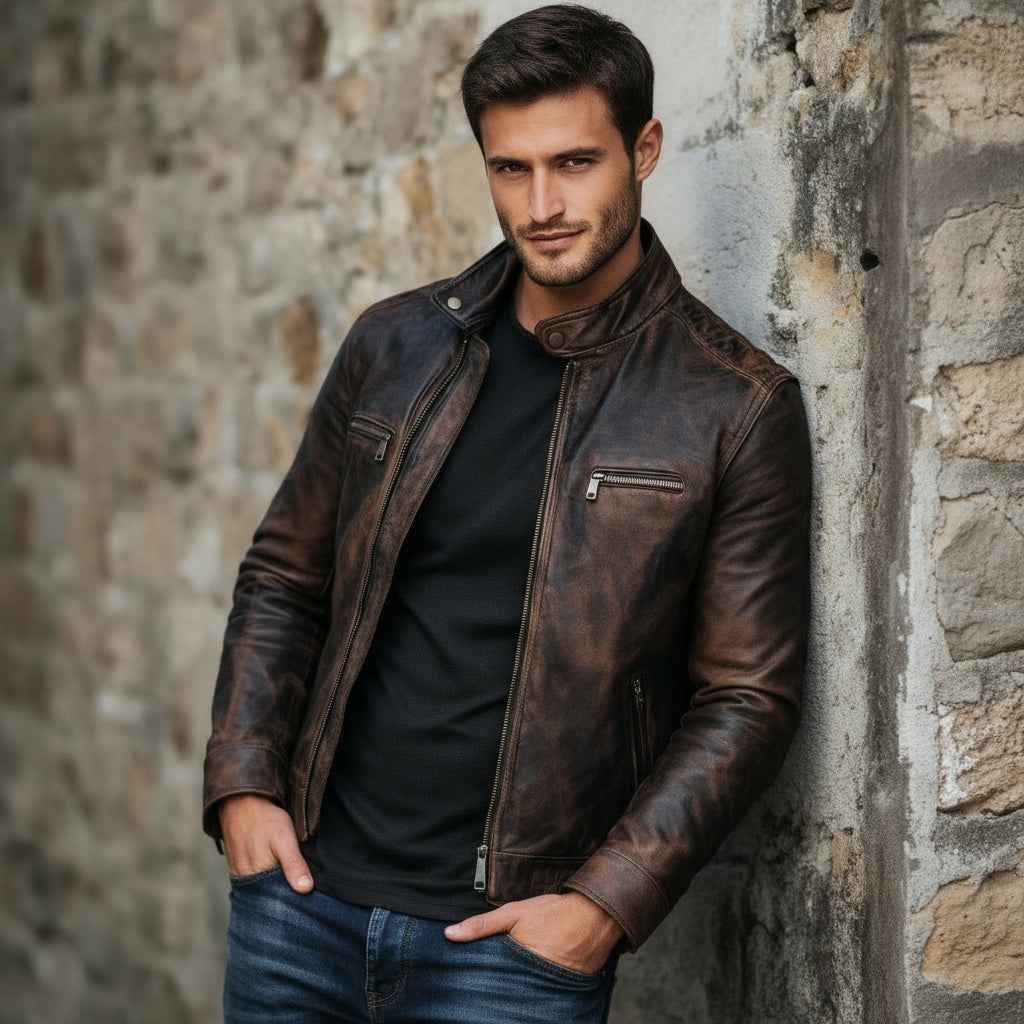 Men's Premium Vintage Dark Brown Faux Leather Biker Jacket | Stand Collar Zip-Up Motorcycle Jacket | Distressed Casual Winter Jacket | Regular Fit