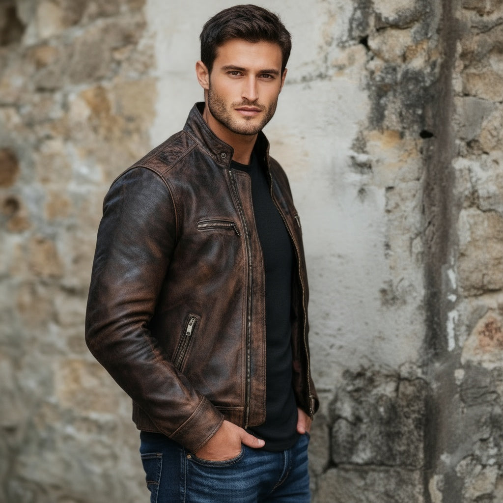 Men's Premium Vintage Dark Brown Faux Leather Biker Jacket | Stand Collar Zip-Up Motorcycle Jacket | Distressed Casual Winter Jacket | Regular Fit