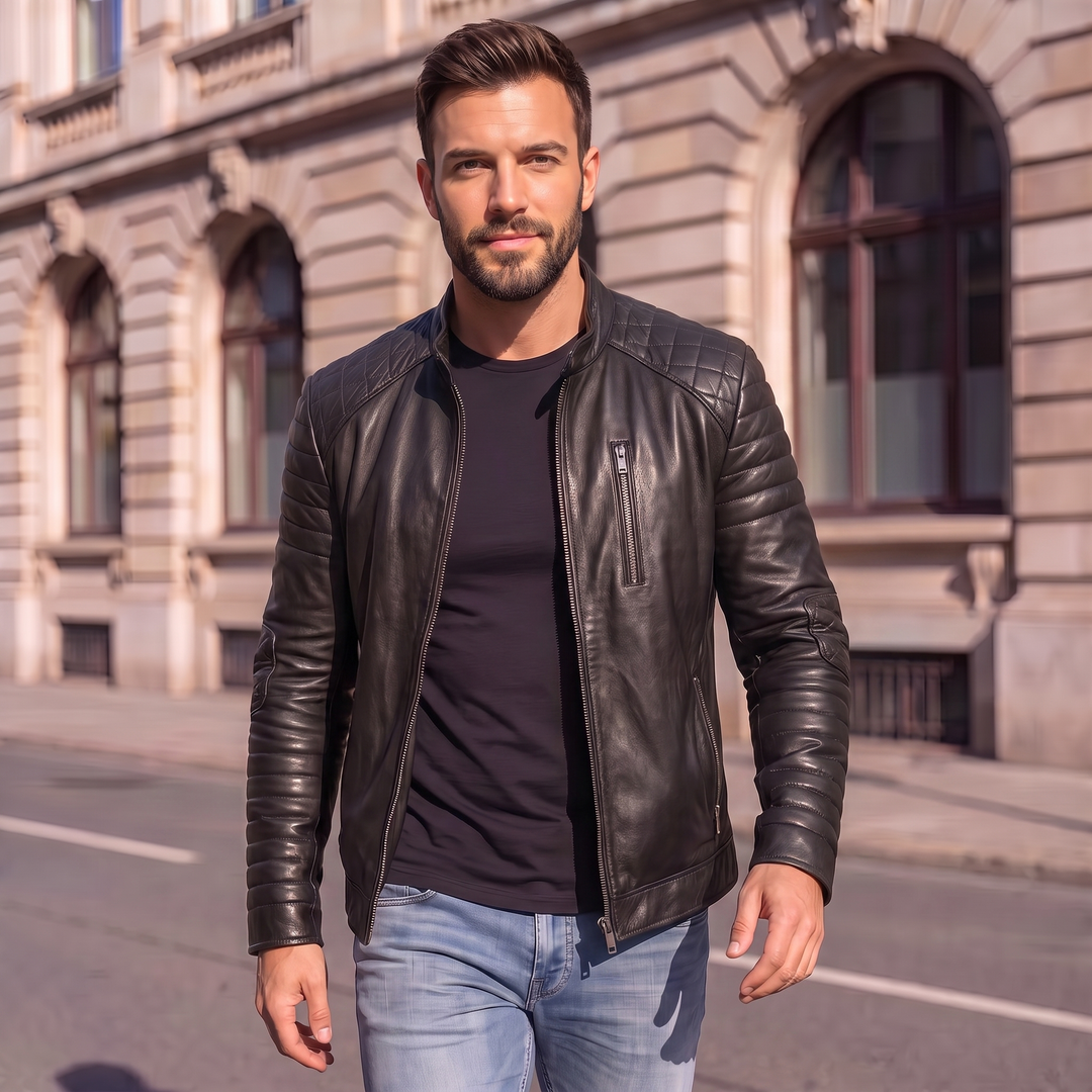 Men's Premium Black Faux Leather Biker Jacket | Band Collar Zip-Up Motorcycle Jacket | Quilted Sleeve Casual Winter Jacket | Regular Fit
