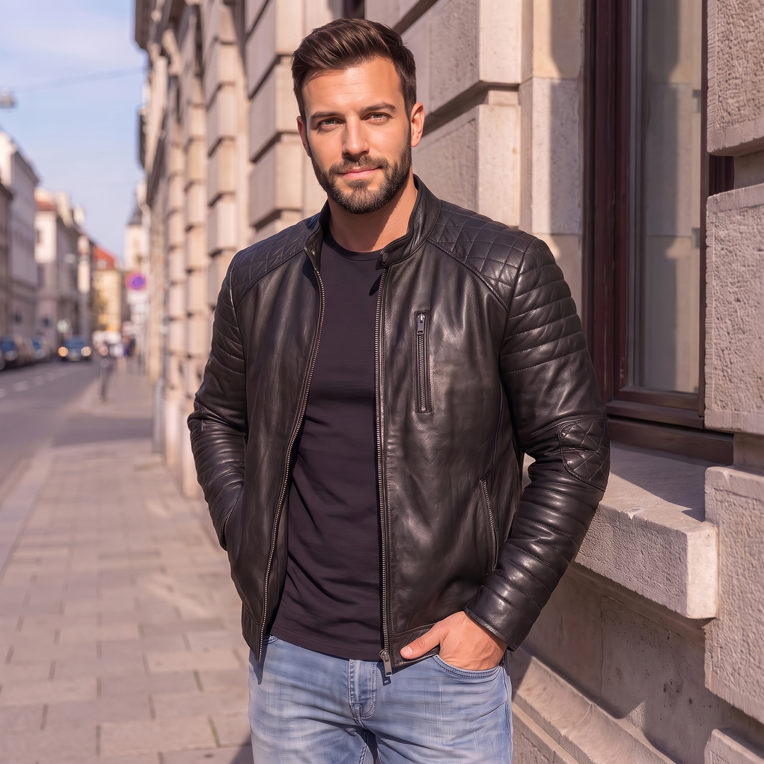 Men's Premium Black Faux Leather Biker Jacket | Band Collar Zip-Up Motorcycle Jacket | Quilted Sleeve Casual Winter Jacket | Regular Fit
