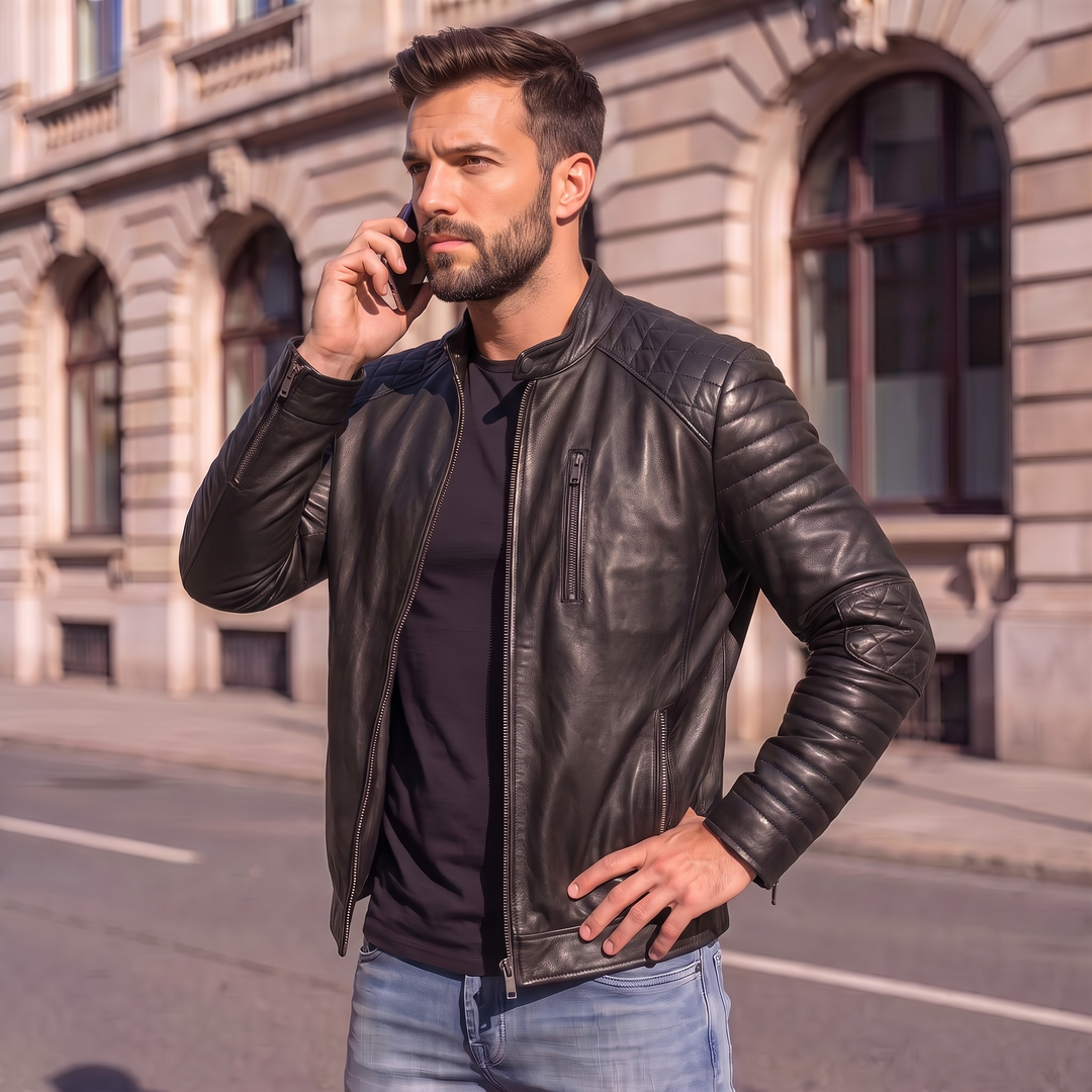 Men's Premium Black Faux Leather Biker Jacket | Band Collar Zip-Up Motorcycle Jacket | Quilted Sleeve Casual Winter Jacket | Regular Fit