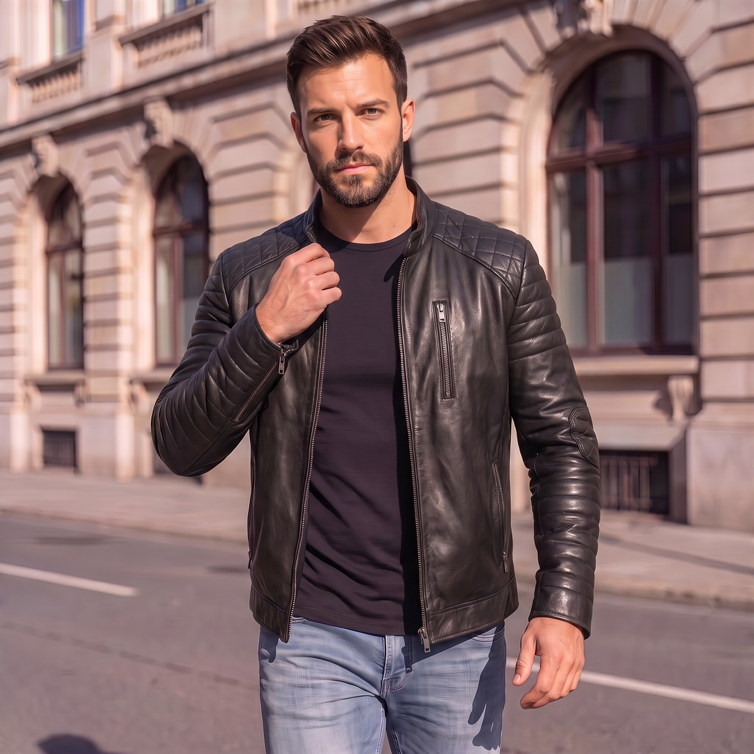 Men's Premium Black Faux Leather Biker Jacket | Band Collar Zip-Up Motorcycle Jacket | Quilted Sleeve Casual Winter Jacket | Regular Fit