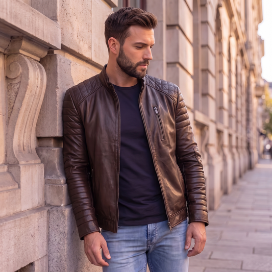 Men's Premium Chocolate Brown Faux Leather Biker Jacket | Stand Collar Zip-Up Motorcycle Jacket | Quilted Shoulder Casual Winter Jacket | Regular Fit