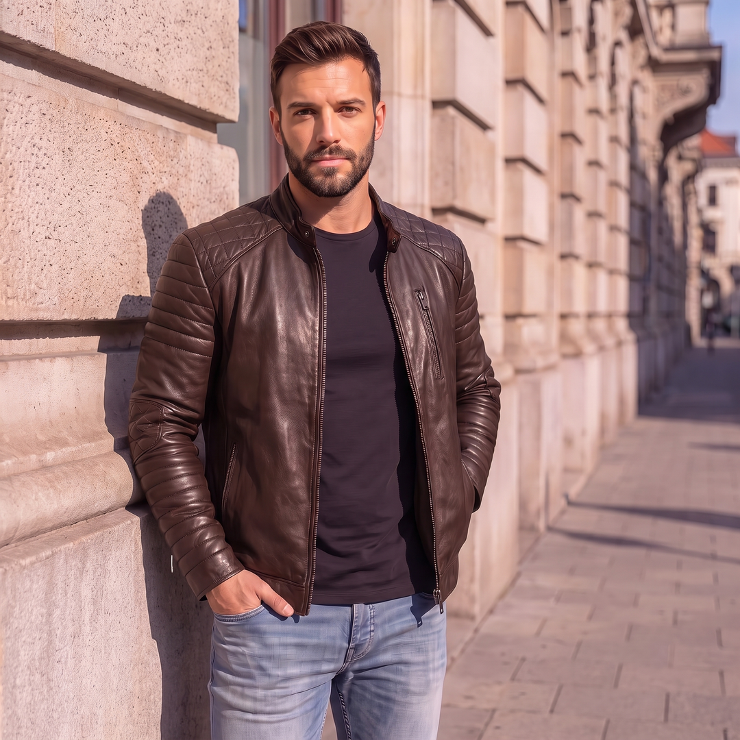 Men's Premium Chocolate Brown Faux Leather Biker Jacket | Stand Collar Zip-Up Motorcycle Jacket | Quilted Shoulder Casual Winter Jacket | Regular Fit