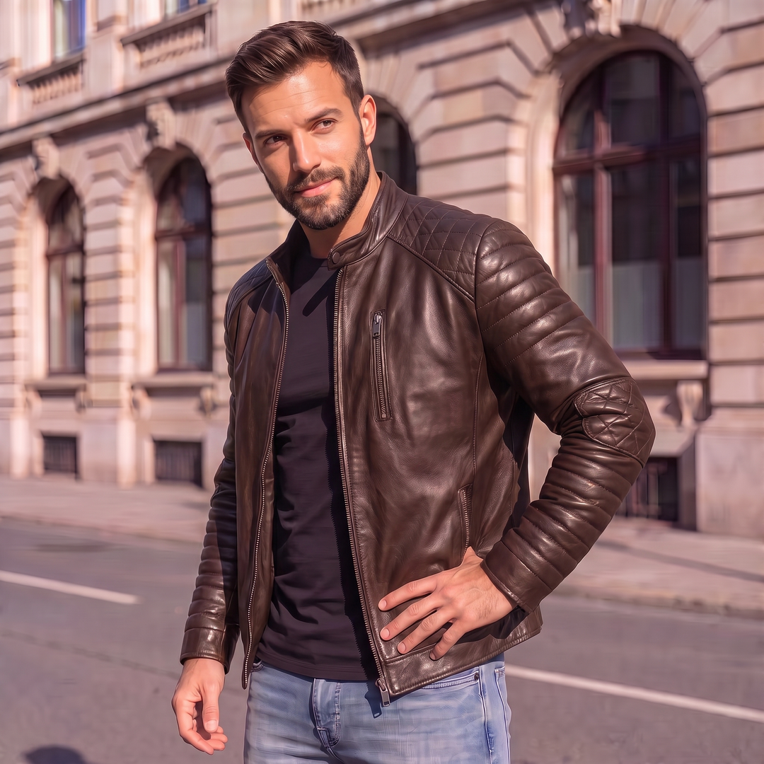 Men's Premium Black Faux Leather Biker Jacket | Stand Collar Zip-Up Motorcycle Jacket | Quilted Shoulder Casual Winter Jacket | Regular Fit
