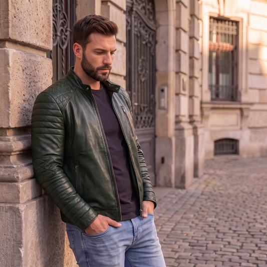 Men's Premium Dark Green Faux Leather Biker Jacket | Stand Collar Zip-Up Motorcycle Jacket | Quilted Shoulder Casual Winter Jacket | Regular Fit